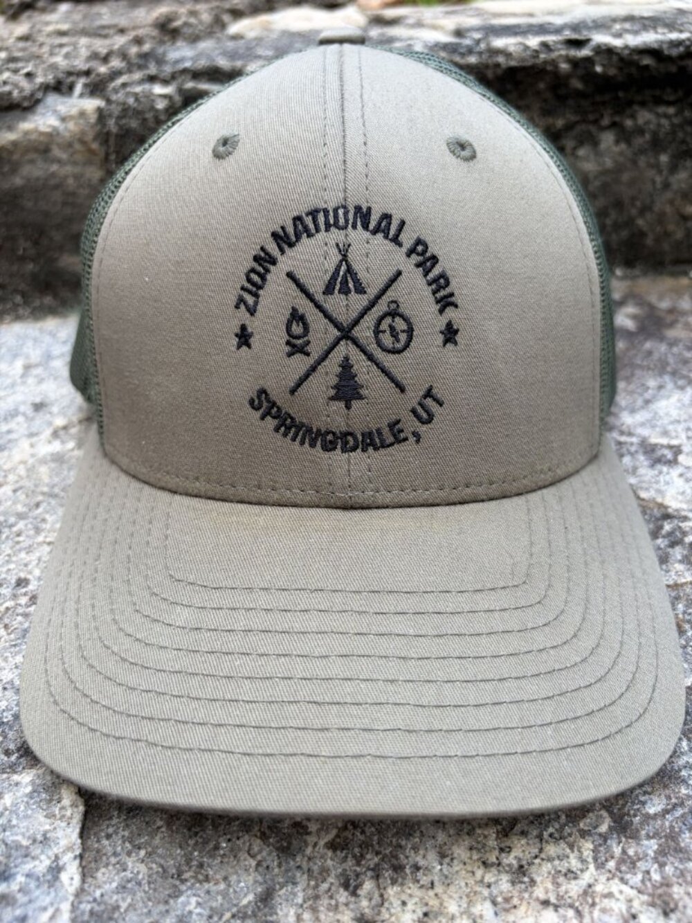 Zion National Park Trucker Hat Richardson M/L Olive Green Mesh Snapback Gorpcore